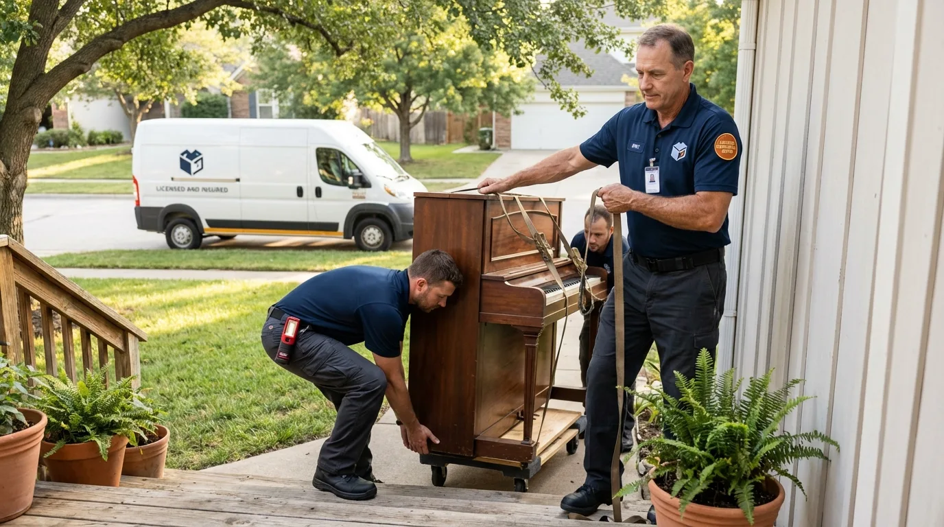 Licensed piano movers securing grand piano in La Grange, IL