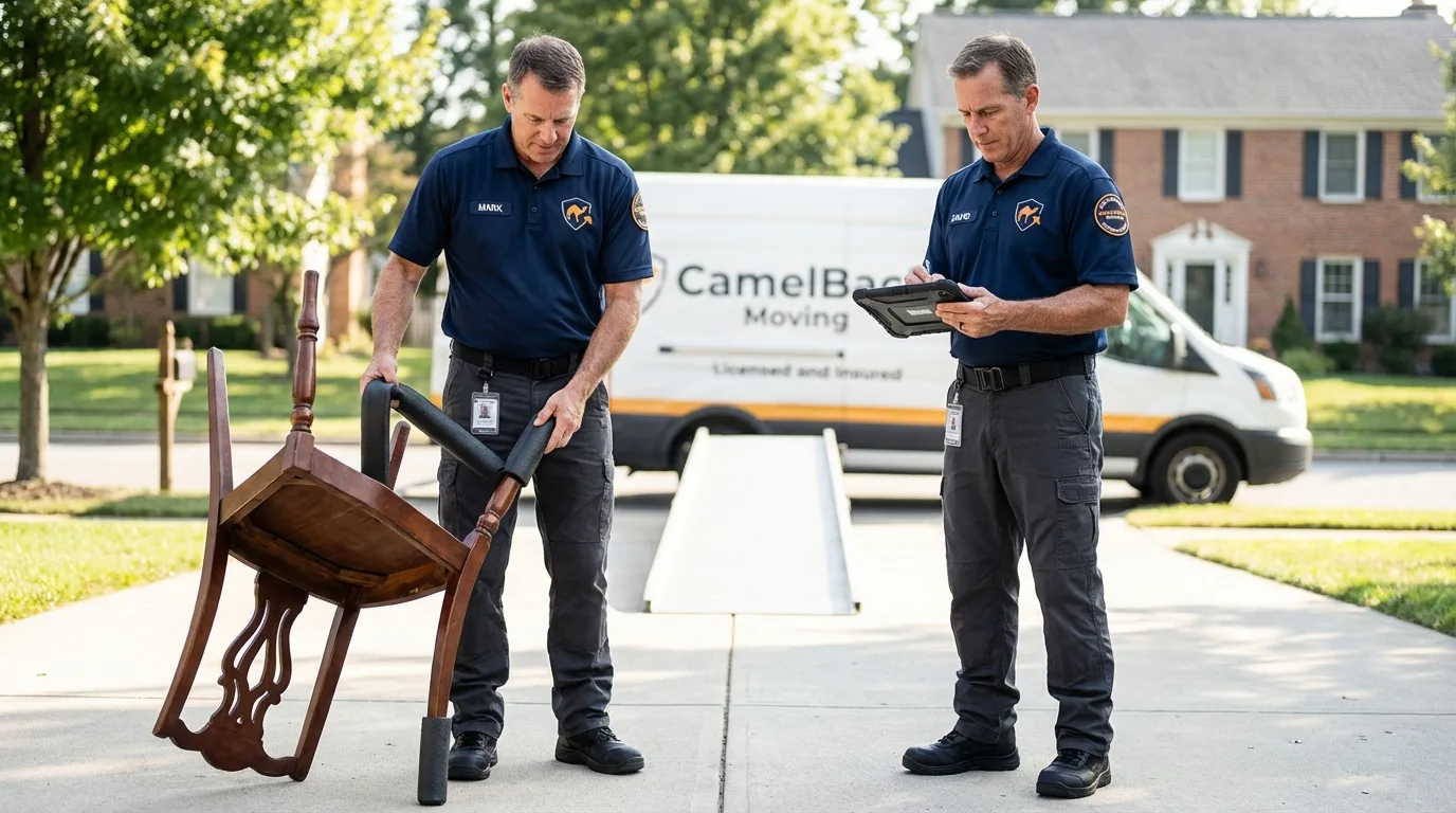 Movers inspecting furniture for damage prevention before loading in La Grange, IL